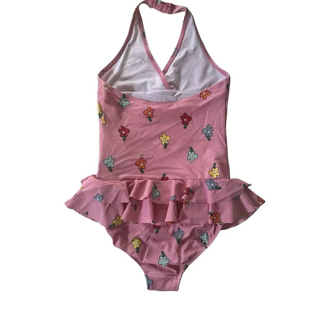Hanna Andersson Girls Size 150 US 12 Swimsuit One Piece Pink Ditsy Floral Ruffle